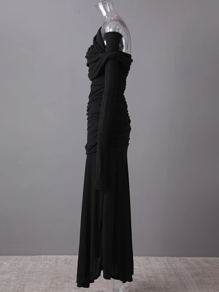 Women Black Pleated Elegant Slim Long Dress New Asymmetrical Collar Long Sleeve Fashion Tide Spring Autumn 2025 CPG2993