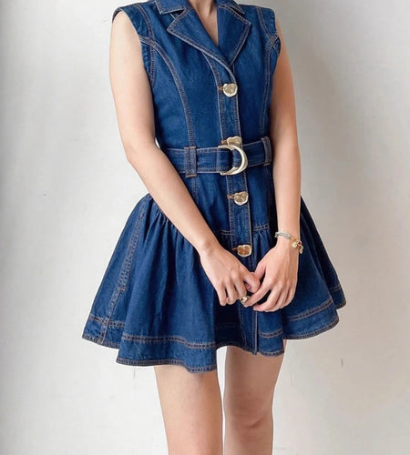 Slimming Spliced Belt Dresses for Women Lapel Sleeveless Patchwork Single Breasted Mini Dress Female Clothing New