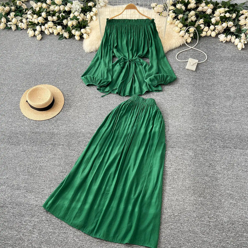 Load image into Gallery viewer, French Retro 2025 Women Solid Off Shoulder Elegant Lace-up Pleated Tops+ High Waist Party Long Skirt Spring Autumn Two Piece Set
