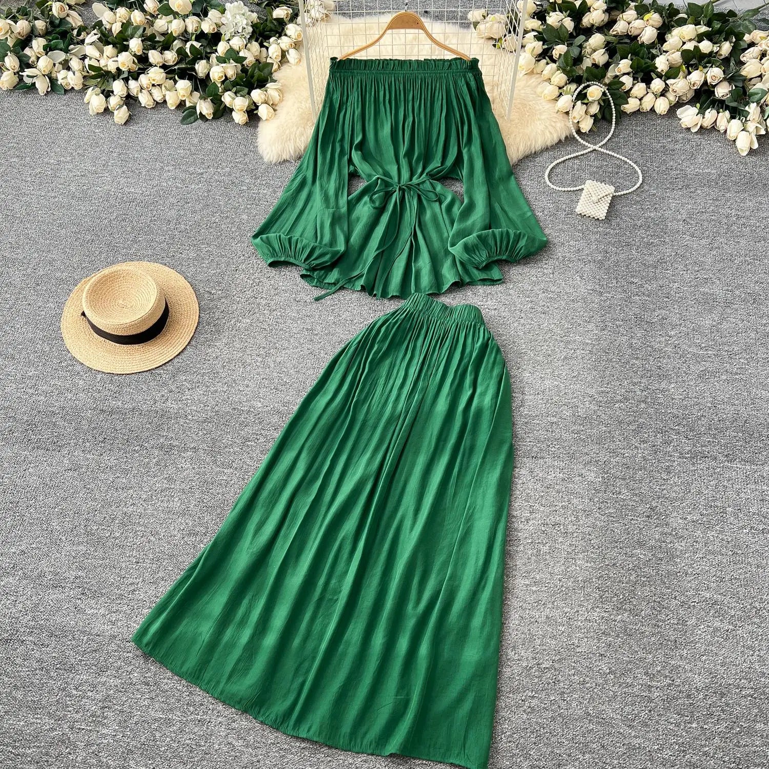French Retro 2025 Women Solid Off Shoulder Elegant Lace-up Pleated Tops+ High Waist Party Long Skirt Spring Autumn Two Piece Set