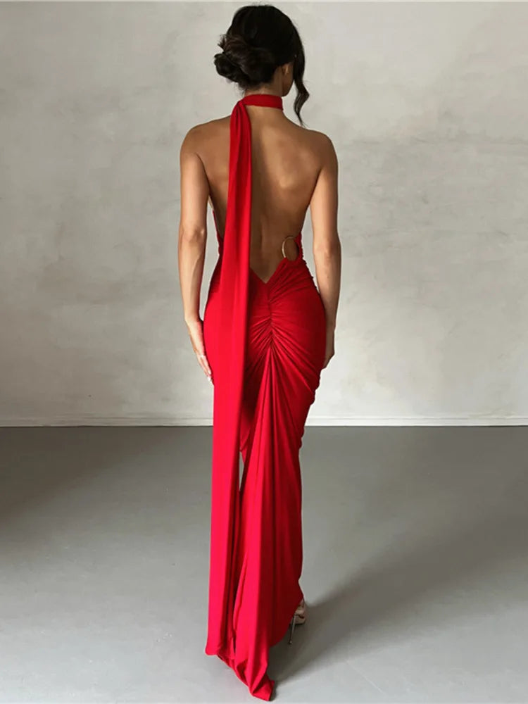 Sexy Backless Hanging Neck Bodycon Evening Dress For Women Strapless Max Female Dress Charming Club Party Prom Dress