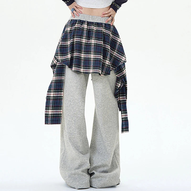 American Style Male Sweatpants High Street Fake Two-piece Spliced Plaid Peplum Design Solid Color Men's Pants 9W1857