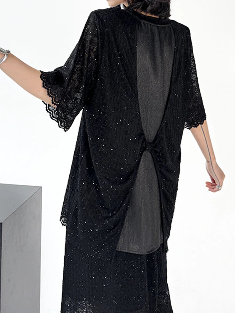 Black Lace T-shirt Back Slit Skirt Two Pieces Suit New Round Neck Short Sleeve Women Fashion Spring Summer 2025 1DJ1159