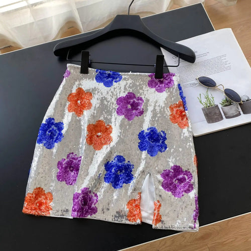 Load image into Gallery viewer, French Women Fashion Floral Sequined Sexy Club Zipper Mini Skirt Vintage High Waist Lady Split Short Skirts Spring Summer Trendy
