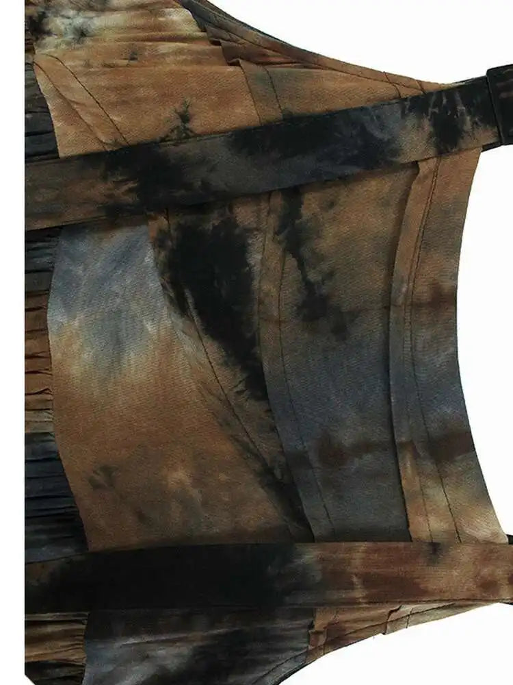 Women Tie Dye Pleated Big Size Casual Strap Dress New Square Collar Sleeveless Fashion Tide Spring Autumn 2025  1DH6611