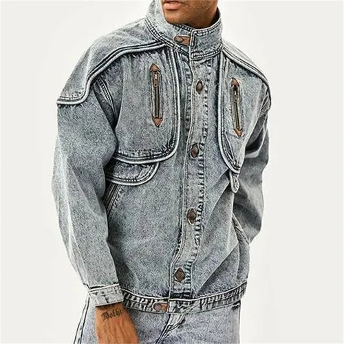 Load image into Gallery viewer, Autumn Men Denim Jacket Solid Color Male Lapel American New Stylish Outwear Washed Patchwork Multi-pocket 12A5983
