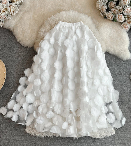 Solid 3d Flower Mesh Splicing Round Polka Dots Casual Skirt Spring Autumn Women Elastic High Waist Midi Skirt Kroean Style Trend