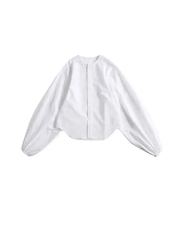 Women White Elegant Blouse New Stand Collar Long Lantern Sleeve Loose Fit Shirt Fashion Tide Spring Autumn 2025 JI516