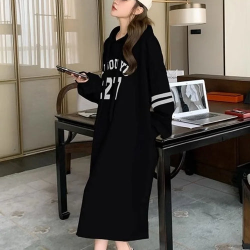 Load image into Gallery viewer, Korean Stule Letter Hooded Dress Sport Loose Oversize School Student Autumn Long Sleeve Midi Dresses 2023 Atuumn
