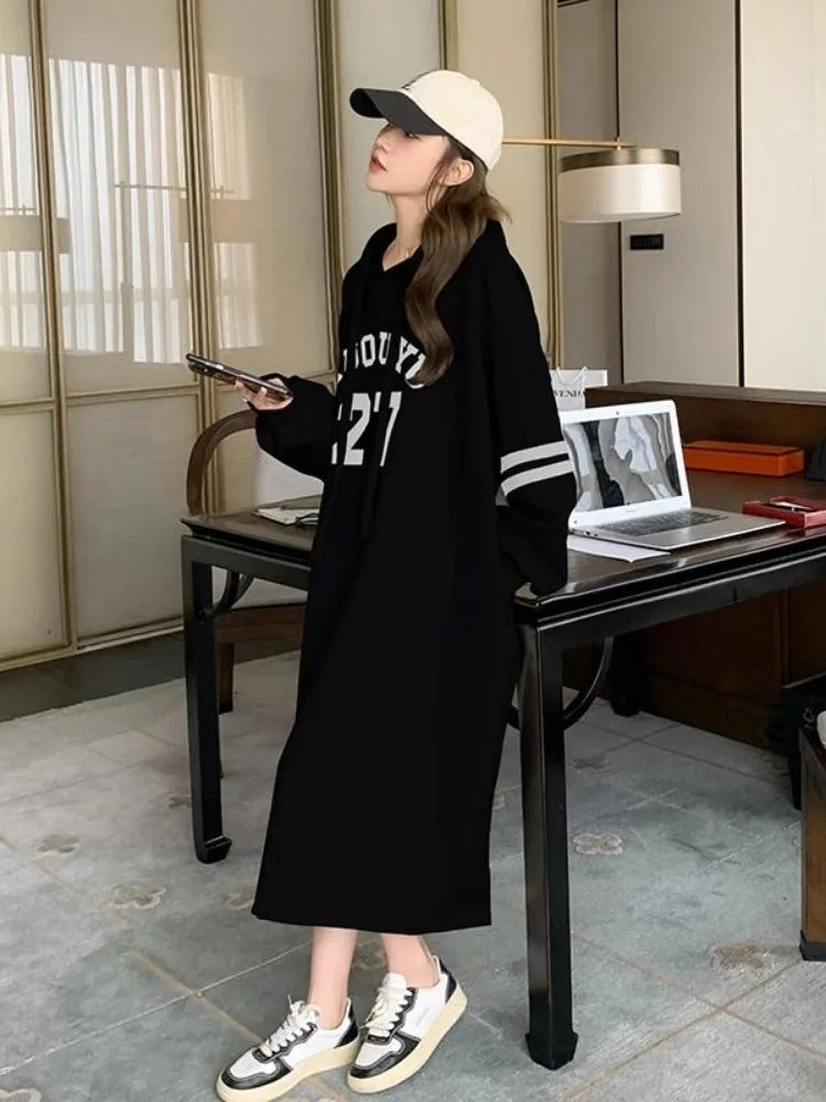 Korean Stule Letter Hooded Dress Sport Loose Oversize School Student Autumn Long Sleeve Midi Dresses 2023 Atuumn