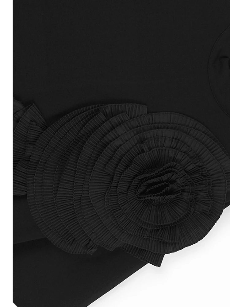 Women Black Three-dimensional Flower Lace Big Size Dress New Turtleneck Short Sleeve Fashion Spring Autumn 2025 1DH8218