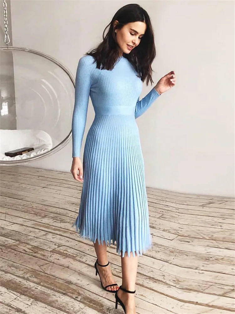 Women Knitted Long Dress Ribbed Elegant Midi Bodycon Sweater Dress Official Ladies Bandage Pleated Dresses Streetweear