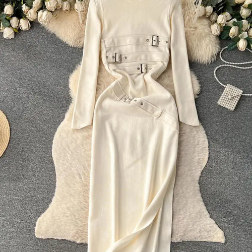 Load image into Gallery viewer, Women Beige Workwear Style Design Knit Dress Autumn Winter 2023 New Casual Half High Collar Black Pullover Office Lady Dress Y2k
