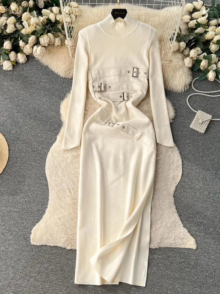 Women Beige Workwear Style Design Knit Dress Autumn Winter 2023 New Casual Half High Collar Black Pullover Office Lady Dress Y2k