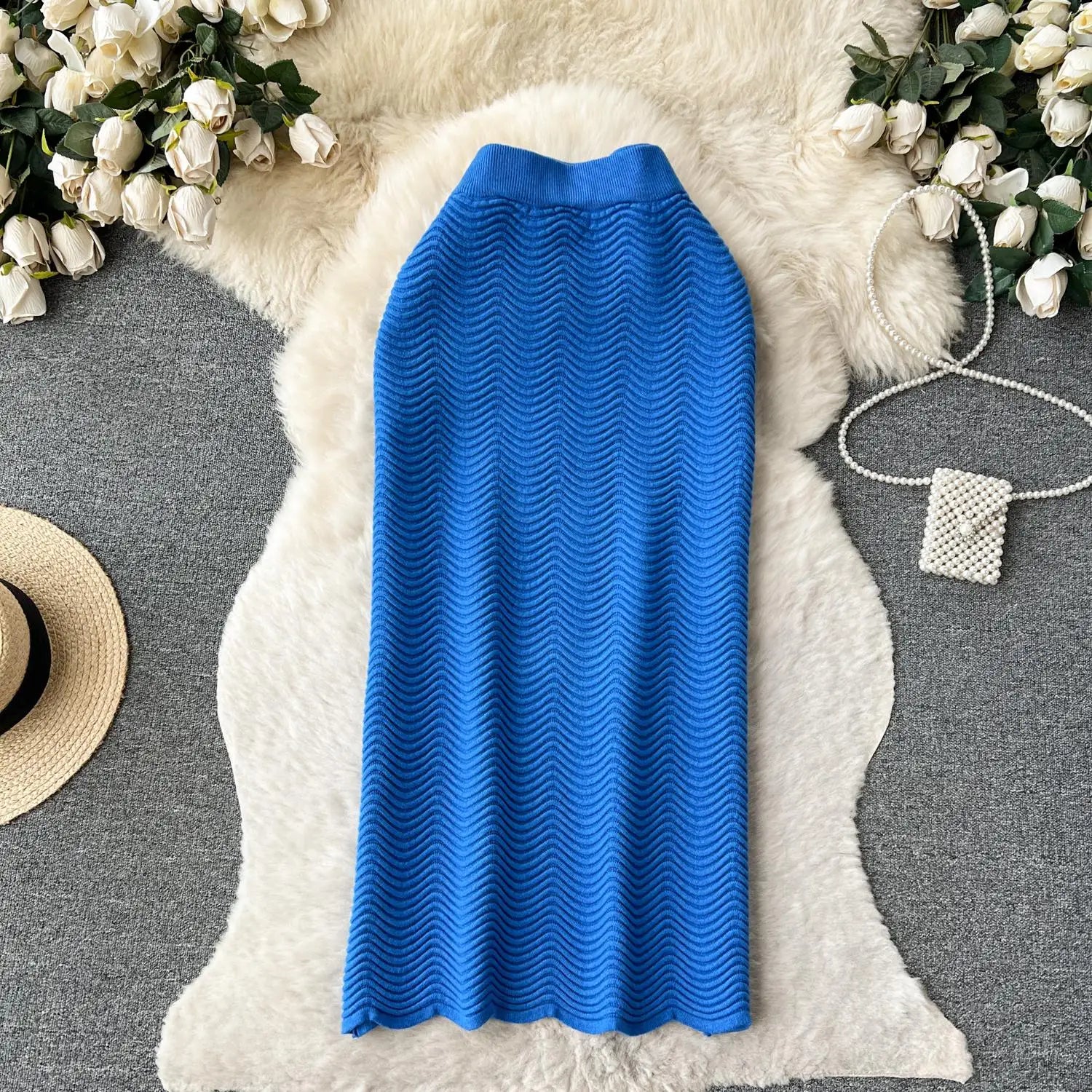 Solid Office Lady Slim Knit Pencil Skirts Women Elegant Elastic High Waist Female Casual Wave Bodycon Skirt Autumn New Fashion