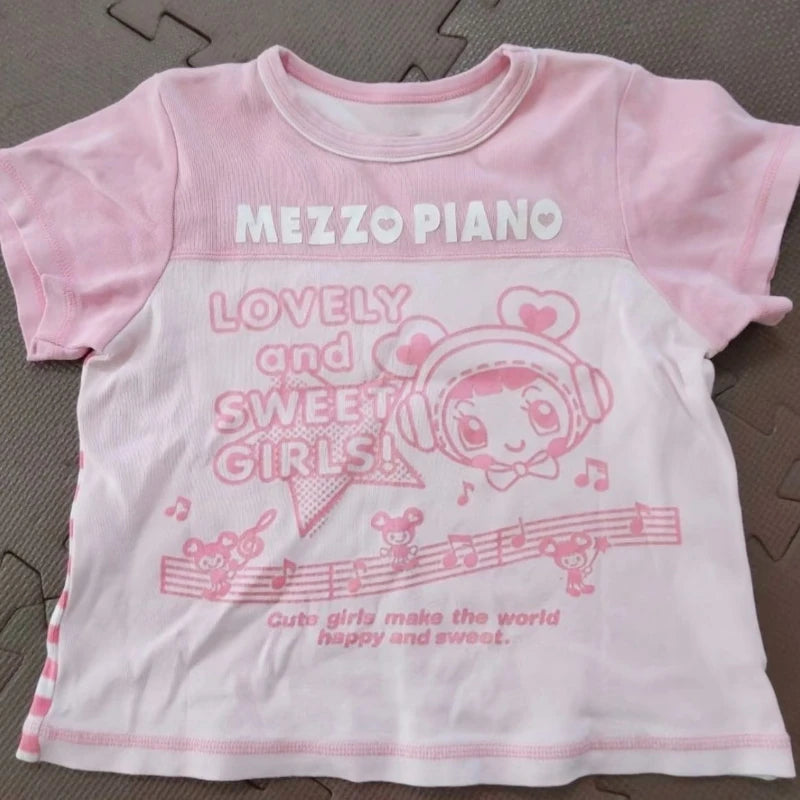 Japanese Kawaii Cartoon Print Tshirts 2025 Summer Women Y2k Aesthetic Grunge Patchwork Tees Harajuku Casual Loose Fairy T-shirt