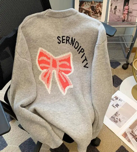 Korean 2024 New Women Gray Letter Patchwork Bow Crochet Sweater Autumn Winter Pink Knitted Loose Round Neck Pullover Tops Casual