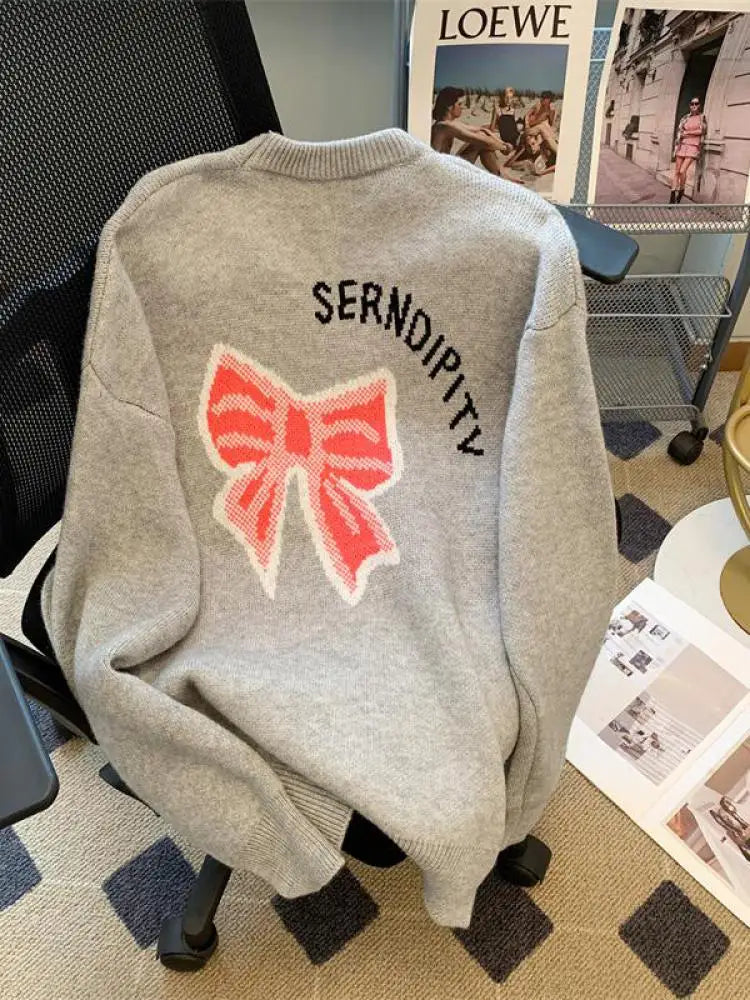 Korean 2024 New Women Gray Letter Patchwork Bow Crochet Sweater Autumn Winter Pink Knitted Loose Round Neck Pullover Tops Casual
