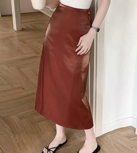 Spring Summer Korean Fashion Black Elegant Office Long Skirts For Women Red High Waisted Holiday Straight Half Skirt Simplicity