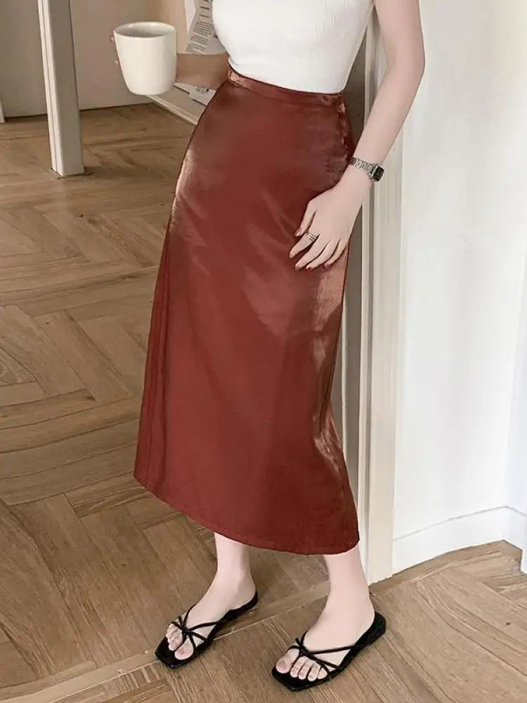 Spring Summer Korean Fashion Black Elegant Office Long Skirts For Women Red High Waisted Holiday Straight Half Skirt Simplicity
