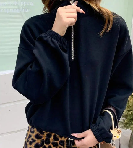 Korean Fashion Women's Black Half Zipper Lapel Cotton T Shirt Trend Autumn Grey Long Sleeves Vacation Loose Short Tops Clothing