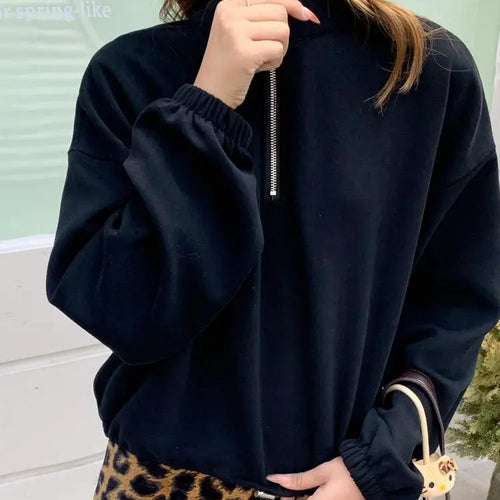 Load image into Gallery viewer, Korean Fashion Women's Black Half Zipper Lapel Cotton T Shirt Trend Autumn Grey Long Sleeves Vacation Loose Short Tops Clothing
