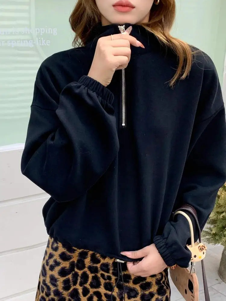 Korean Fashion Women's Black Half Zipper Lapel Cotton T Shirt Trend Autumn Grey Long Sleeves Vacation Loose Short Tops Clothing