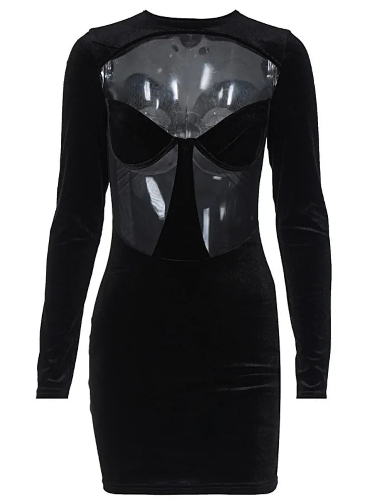 Sexy Hollow Out Elastic Tight Perspective Dress For Women 2025 Winter Long Sleeve New Vestido Bodycon Party Clubwear