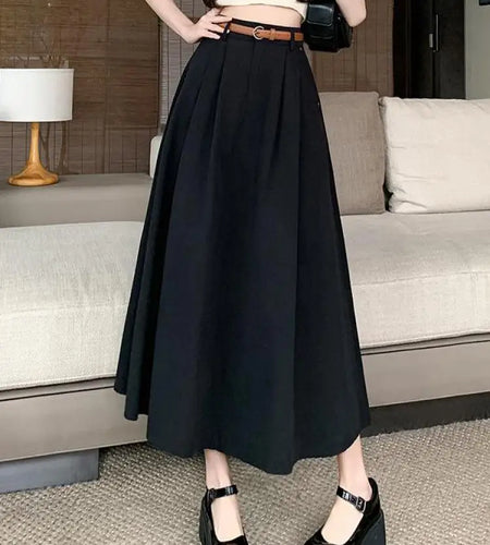 French Fashion Women's Black Beige Elegant Pleated Long Skirt Spring Summer Khaki High Waist Pocket Skirts Popular Versatile New