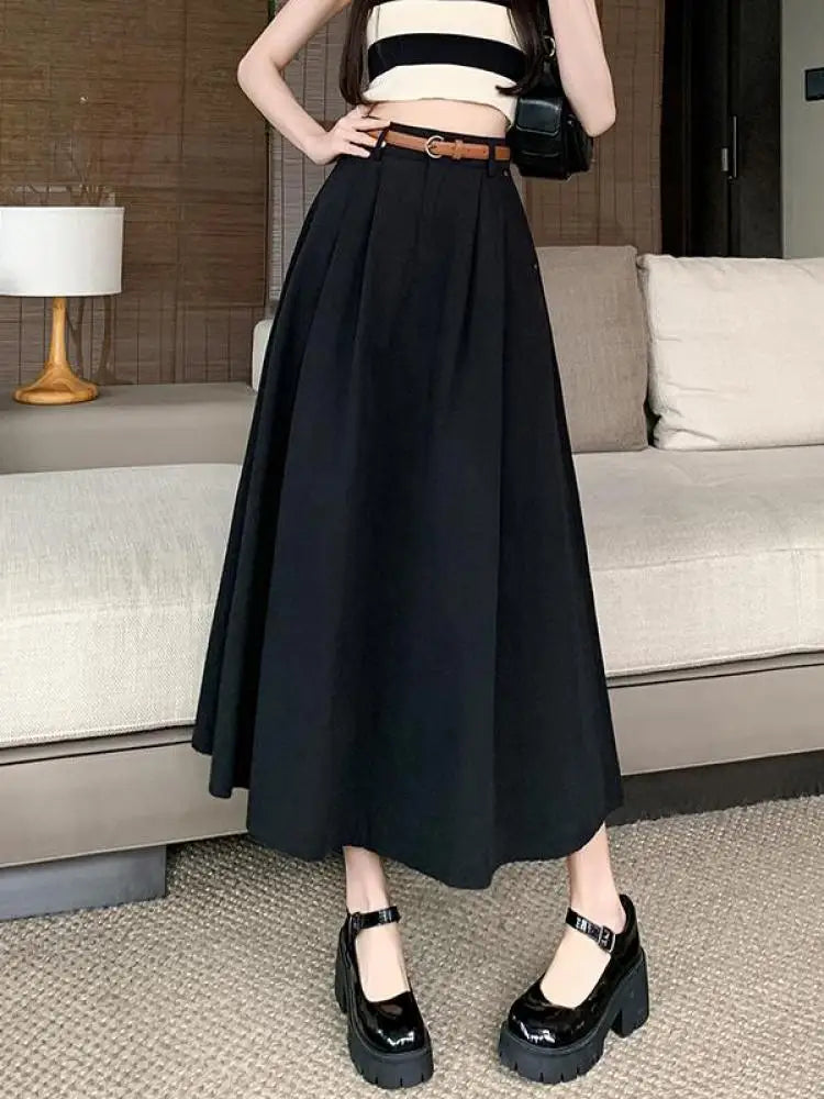 French Fashion Women's Black Beige Elegant Pleated Long Skirt Spring Summer Khaki High Waist Pocket Skirts Popular Versatile New