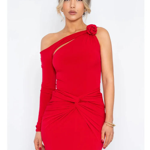 Load image into Gallery viewer, Elegant Single Sleeve Irregular Hollow Out Bodycon Party Club Evening Dress Women Sexy Fold Spring/Summer New Vestido

