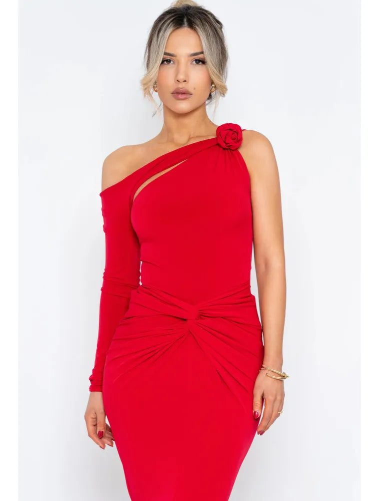 Elegant Single Sleeve Irregular Hollow Out Bodycon Party Club Evening Dress Women Sexy Fold Spring/Summer New Vestido