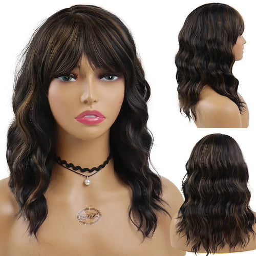 Load image into Gallery viewer, Synthetic Long Curly Wig with Bangs Body Wave Wigs for Women Natural Mix Brown Wigs for African American Old Lady Wig
