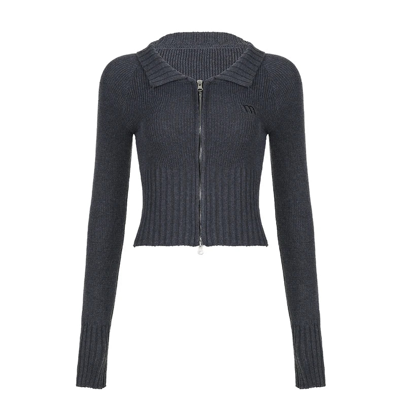 Casual Dark Gray Skinny Knitted Cardigan Female Crop Knit Sweater Autumn Winter Basic Zip Up Jacket Knitwears Outfits