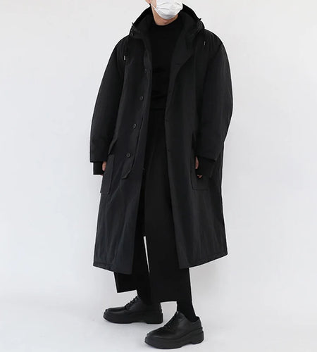 Solid Color Men's Padded Coats Hooded Drawstring Single Breasted Thick Overknee Pockets Loose Male Cotton Jackets 9C8984