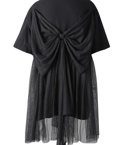 Women Black Mesh Bow Spliced Big Size Long T-shirt New Round Neck Short Sleeve Fashion Tide Spring Summer 2025 CPG3032