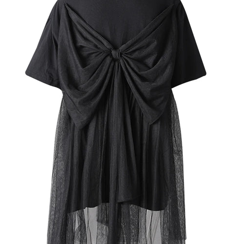 Load image into Gallery viewer, Women Black Mesh Bow Spliced Big Size Long T-shirt New Round Neck Short Sleeve Fashion Tide Spring Summer 2025 CPG3032
