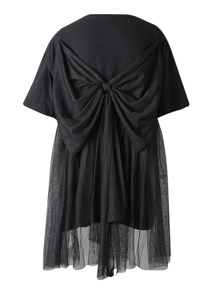 Women Black Mesh Bow Spliced Big Size Long T-shirt New Round Neck Short Sleeve Fashion Tide Spring Summer 2025 CPG3032