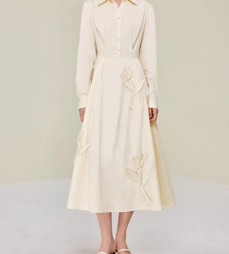 Solid Spliced Appliques Temperament Dress for Women Lapel Long Sleeves High Waist Patchwork Buttons Dresses Female