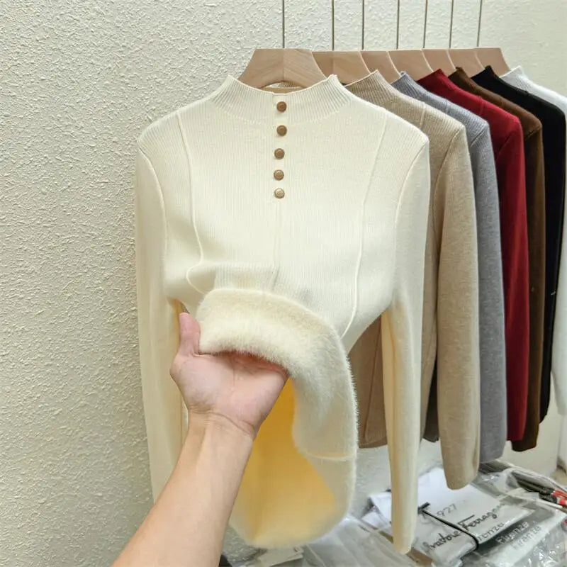 Autumn Winter Korean Fashion Solid Half High Neck Single Breasted Velvet Knit Sweater Women Slim Warm Long Sleeve Pullovers Tops