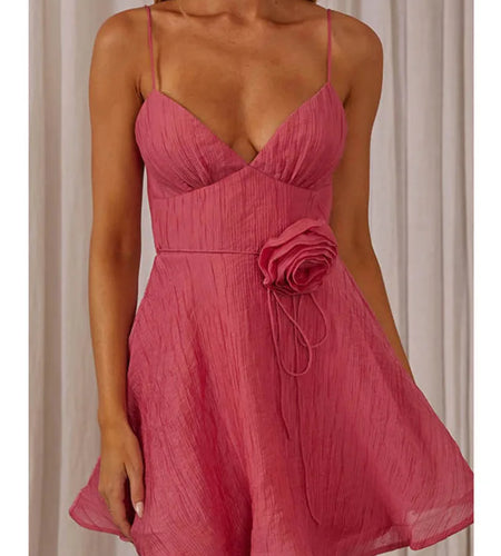 Sexy Spaghetti Strap 3D Floral Slim Dress For Women 2024 Summer New Short Skirt V-neck Backless Dress For Vacation Party