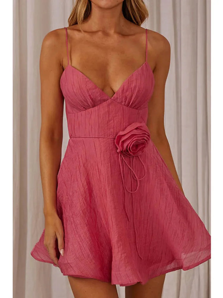 Sexy Spaghetti Strap 3D Floral Slim Dress For Women 2024 Summer New Short Skirt V-neck Backless Dress For Vacation Party