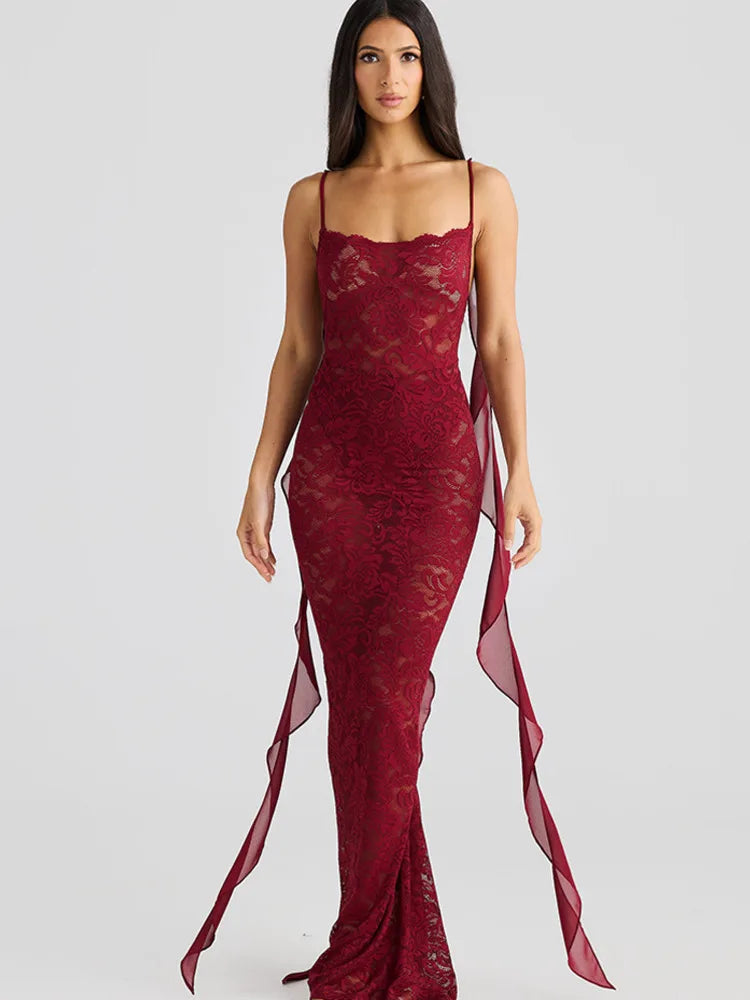 Sexy Sleeveless Lace Patchwork Print Women Backless Party Evening Dress 2024 New Trailing Long Skirt Flowing Vestido