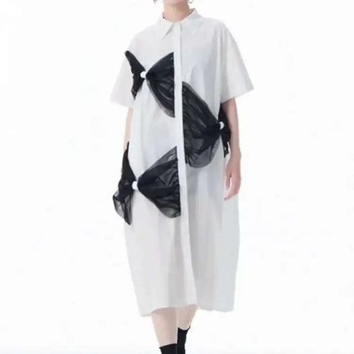 Load image into Gallery viewer, Women White Mesh Bow Color-block Big Size Shirt Dress New Lapel Short Sleeve Fashion Tide Spring Summer 2025 1DJ0048
