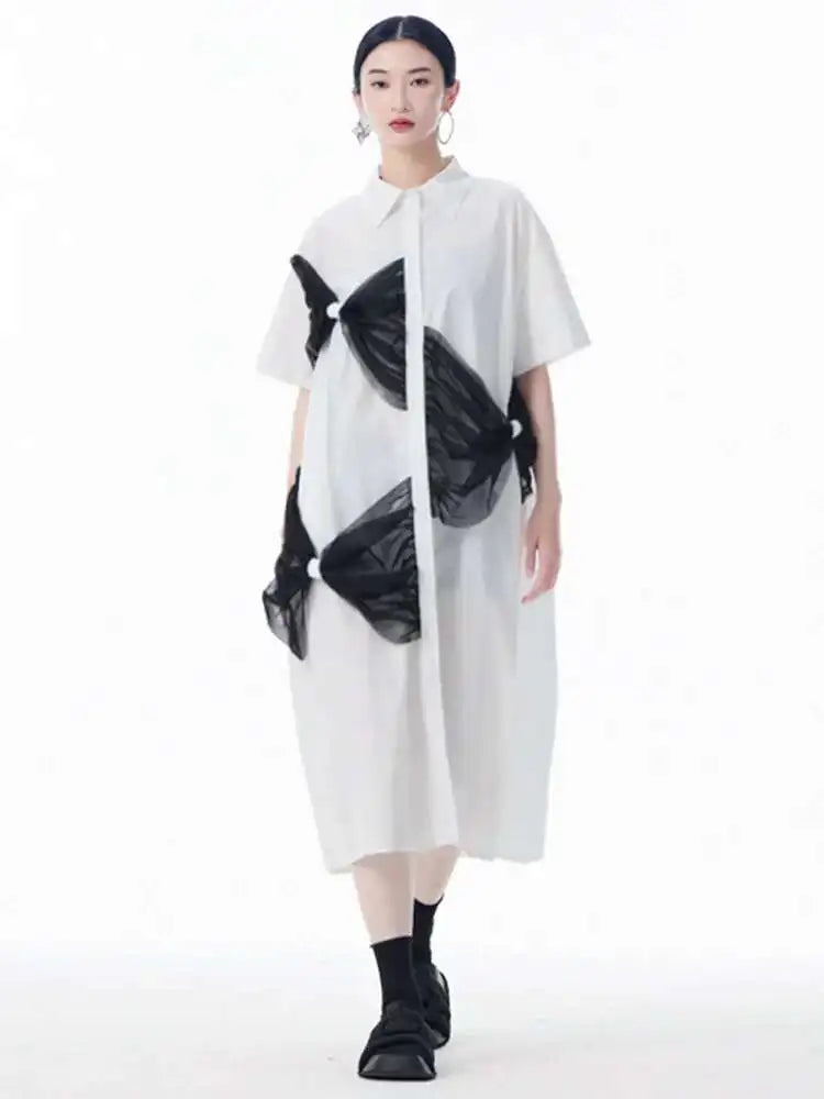 Women White Mesh Bow Color-block Big Size Shirt Dress New Lapel Short Sleeve Fashion Tide Spring Summer 2025 1DJ0048