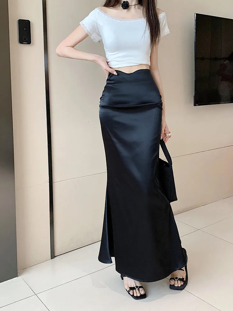 Black Office Pleated Fishtail Long Skirts Spring Summer Women 2024 Korean Version Brown High Waist Elegant Wrap Hip Skirt Ladies