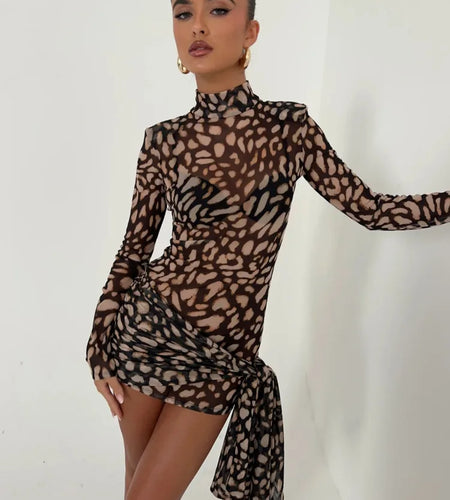 Fashion Leopard Print Long Sleeved Elastic Tight Skirt Women Sexy Mini Dress Temperament Party Club Evening Dress 2025