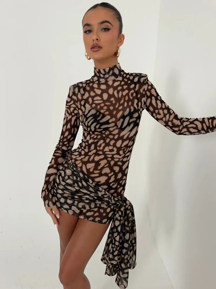 Fashion Leopard Print Long Sleeved Elastic Tight Skirt Women Sexy Mini Dress Temperament Party Club Evening Dress 2025
