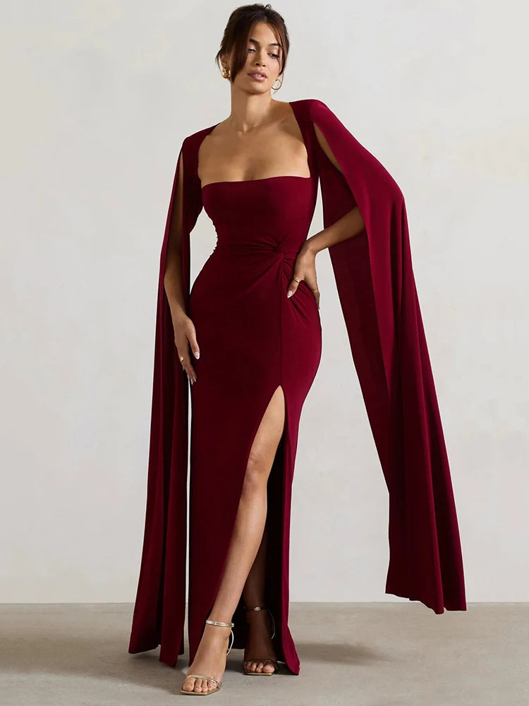 Elegant Bodycon High Slit Long Sleeved Shawl Women Dress Elasticity Tight Sexy Party Club Evening Dress Female Vestido