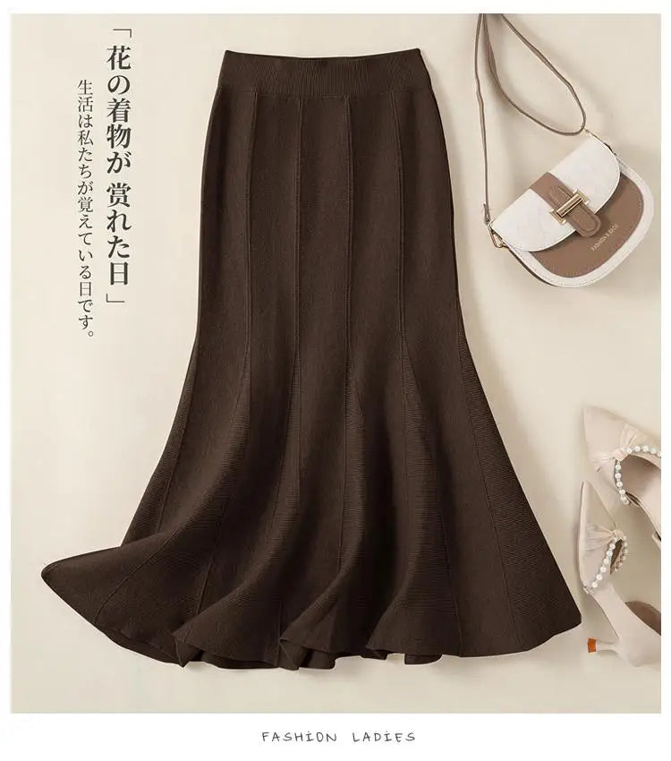 Korean Fashion Autumn Winter Warm Women Solid Knitted Wrapped Hip Long Skirts High Waist A-line Pleated Skirt 2024 New Versatile